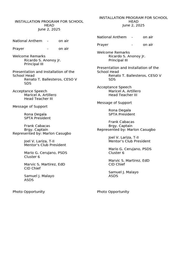 School Head Installation Program 2025 | PDF