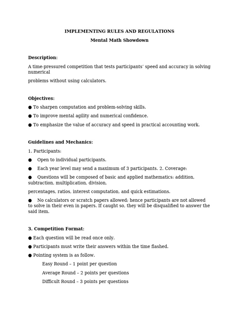 Mental Math Showdown Guidelines | PDF