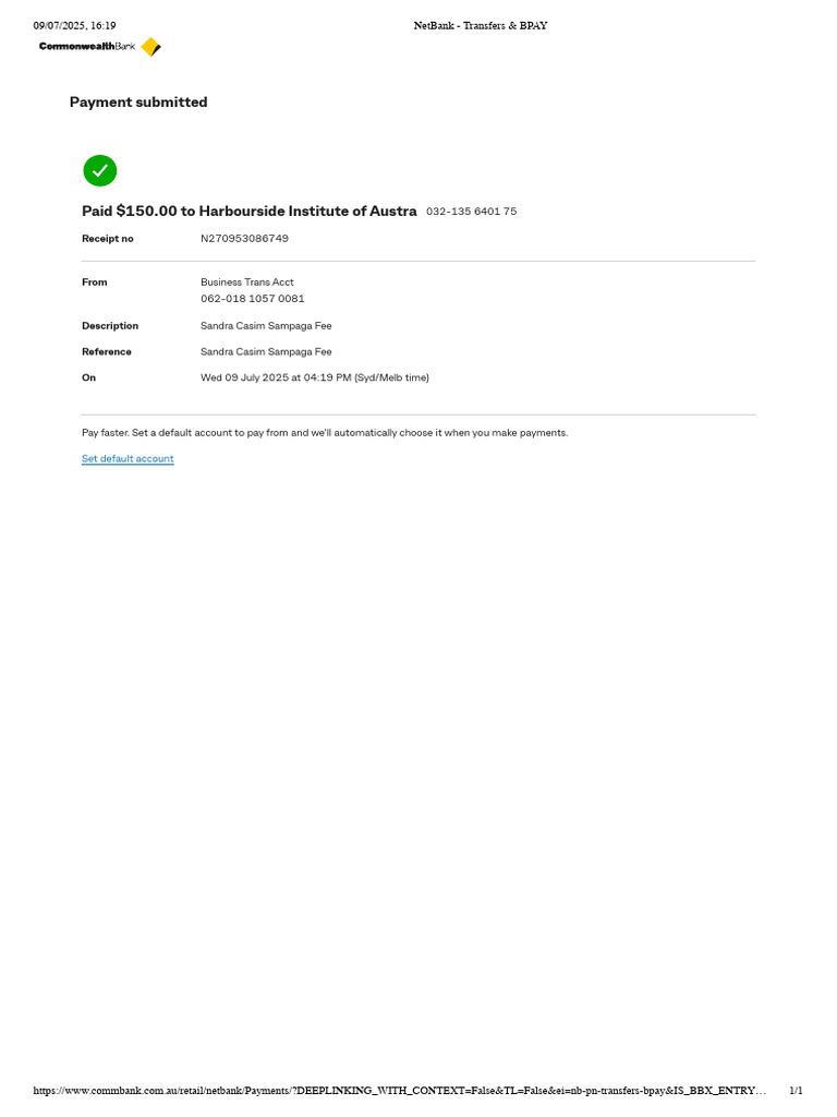 Sandra Casim Sampaga Fee - COE - Mat Fee - NetBank - Transfers & BPAY | PDF