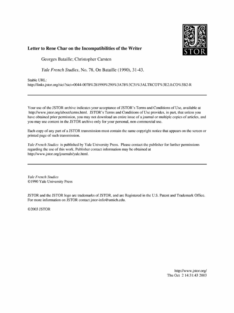 Letter To Rene Char | PDF