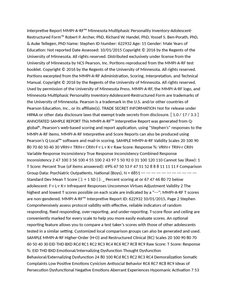 MMPI-A-RF Interpretive Report for Adolescent | PDF | Mental Disorder ...