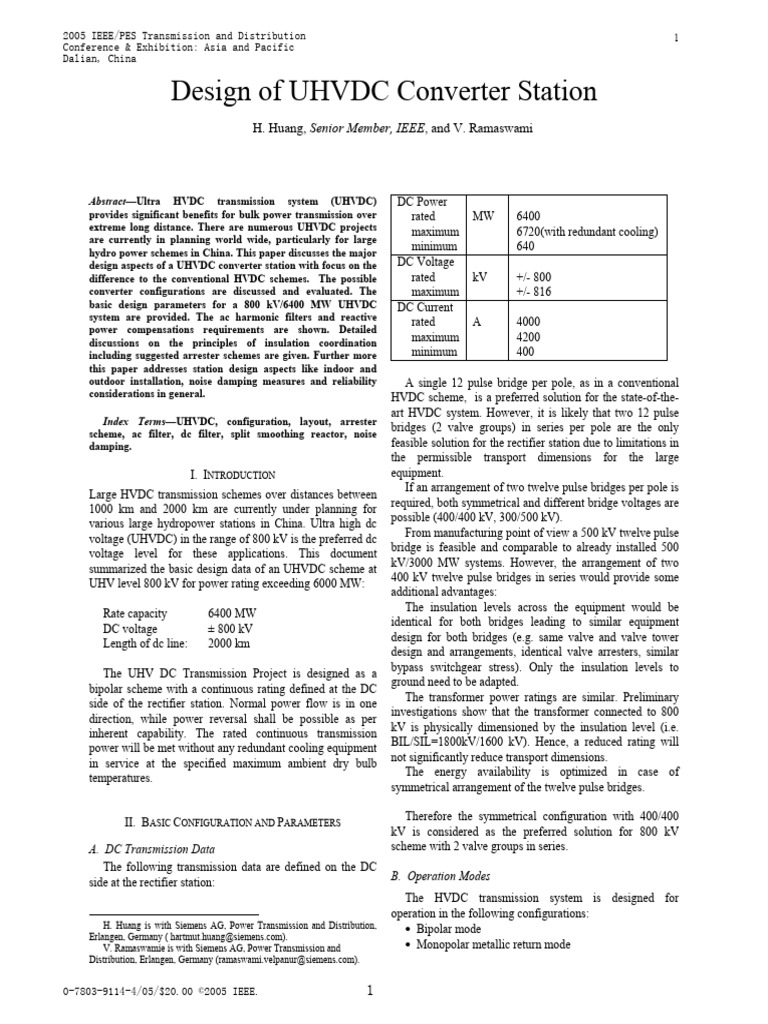 UHVDC Design for 800 kV System | PDF | High Voltage Direct Current ...