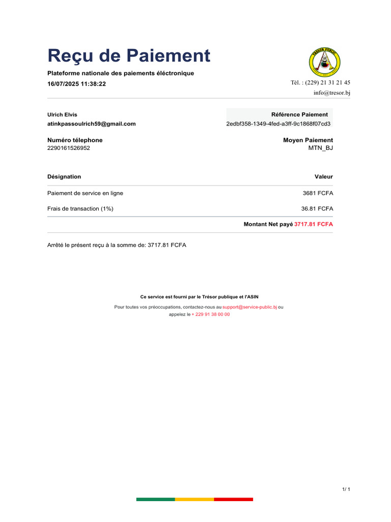 Reçu de Paiement en Ligne - 3717.81 FCFA | PDF