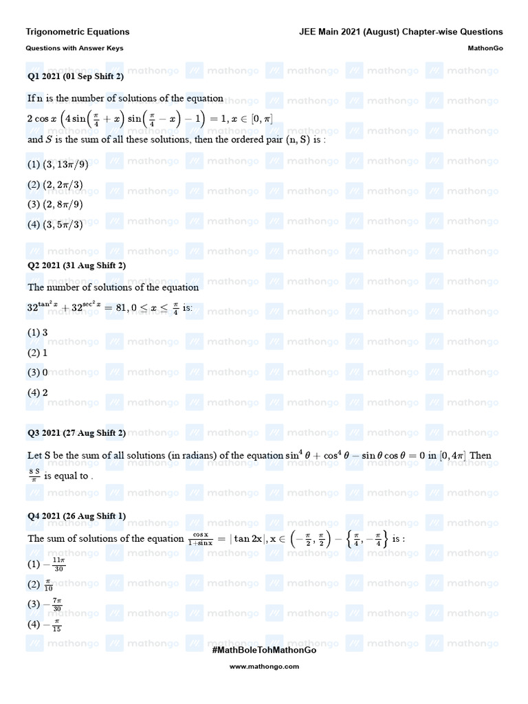 JEE Main 2021 Trigonometric Solutions | PDF | Trigonometric Functions ...