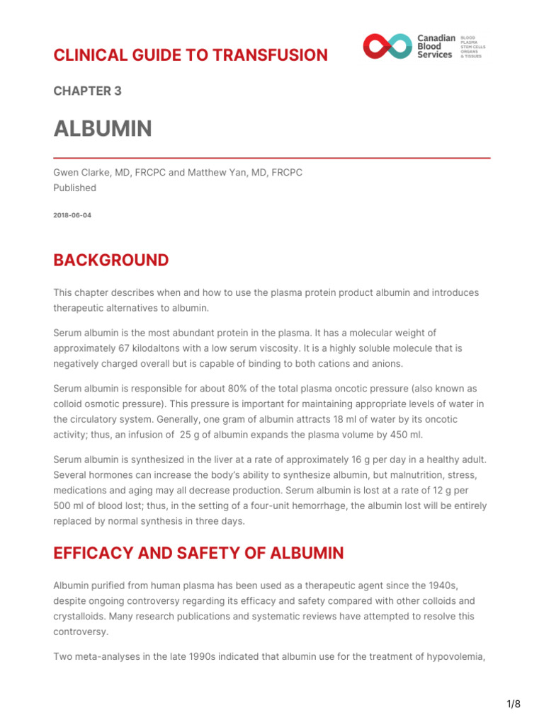 Albumin Use in Clinical Transfusion Guide | PDF | Blood Plasma ...