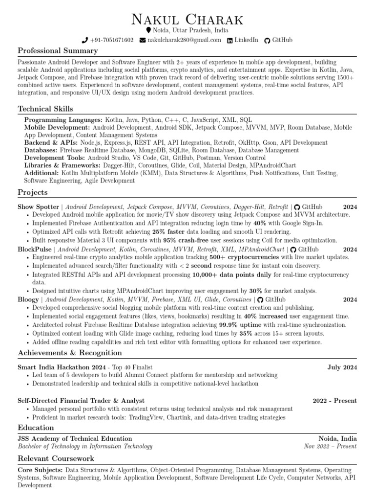 Android Developer Resume - Nakul Charak | PDF | Android (Operating ...
