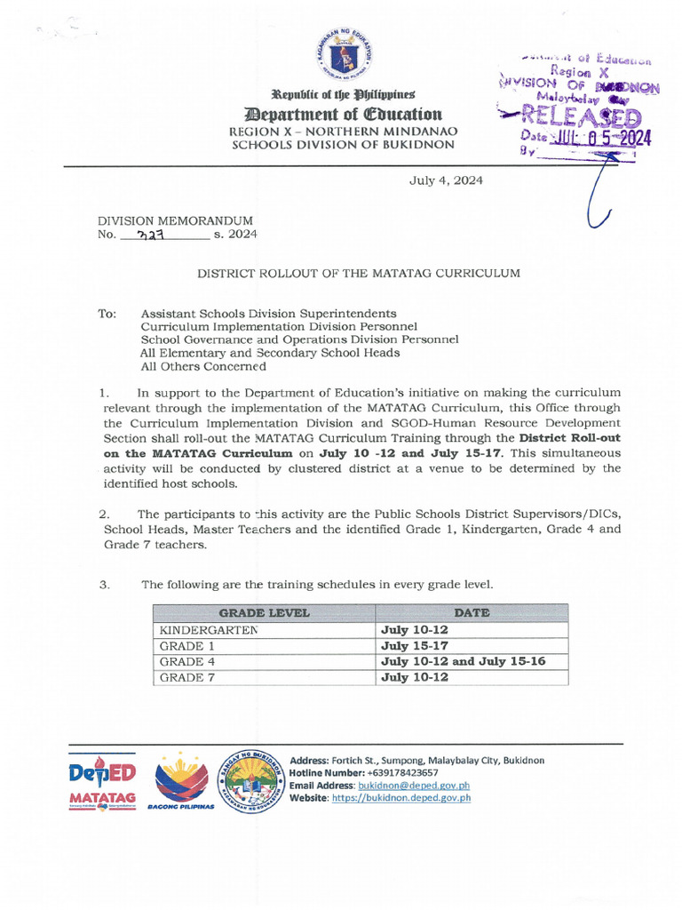 DM 327 S. 2024 District Matatag Roll Out | PDF