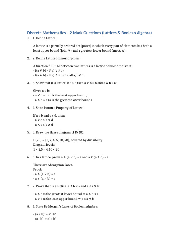 2 Mark Questions Lattice Boolean Algebra | PDF | Mathematics ...