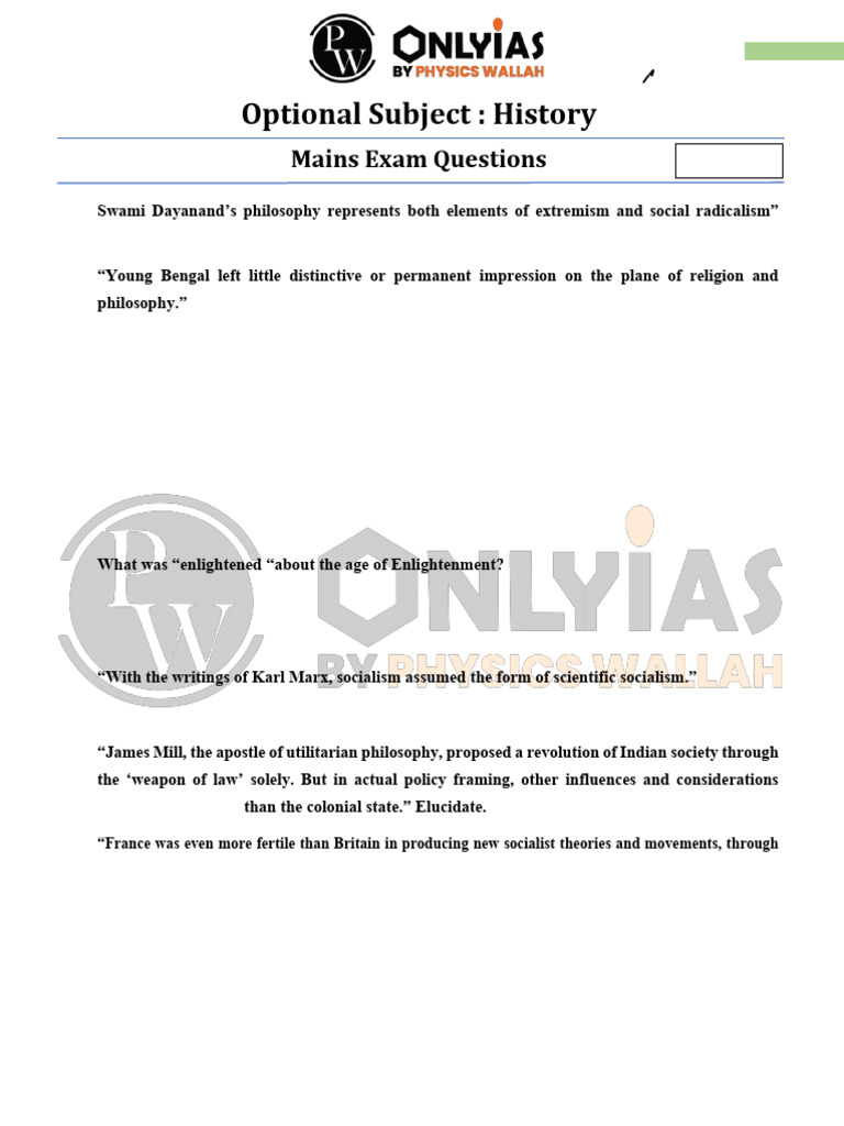 Mains Exam Questions on Indian History | PDF | Socialism | Karl Marx