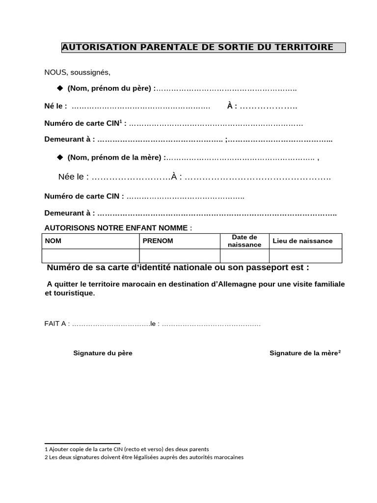 Autorisation parentale de sortie du territoire | PDF