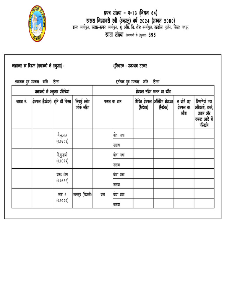 Girdawari Form 13 Report Rajasthan | PDF