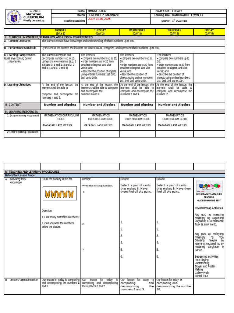 Grade 1 Mathematics Weekly Lesson Plan | PDF | Curriculum