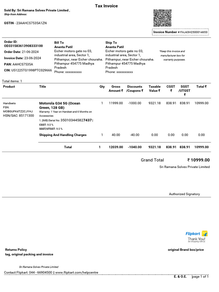 Tax Invoices for Ananta Patil's Orders | PDF | Invoice | Payments