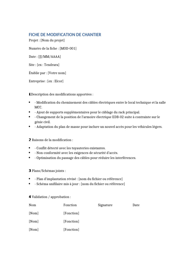 Modifications de Chantier : Fiche MOD-001 | PDF