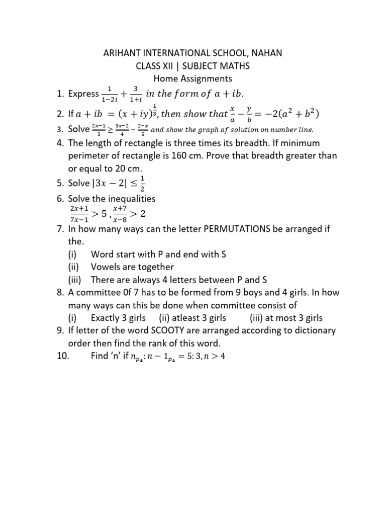 Class XII Maths Home Assignments | PDF