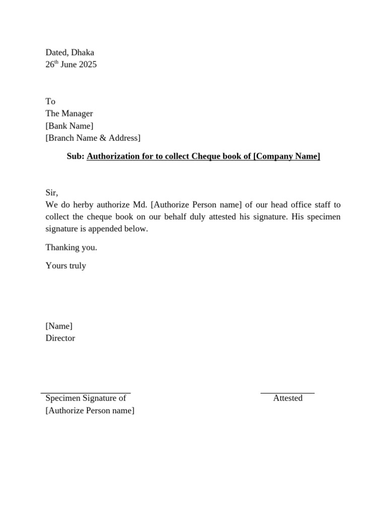 Cheque Book Collection Authorization Letter | PDF