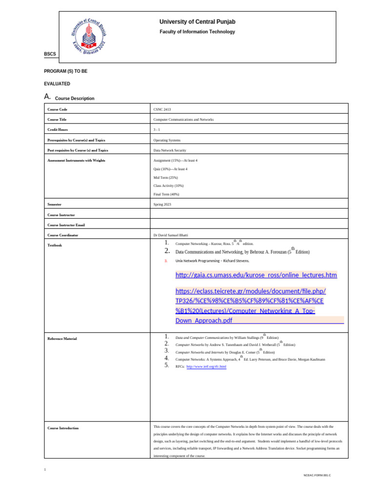 CCN Outline Fall 2023 | PDF | Internet Protocol Suite | Transmission ...