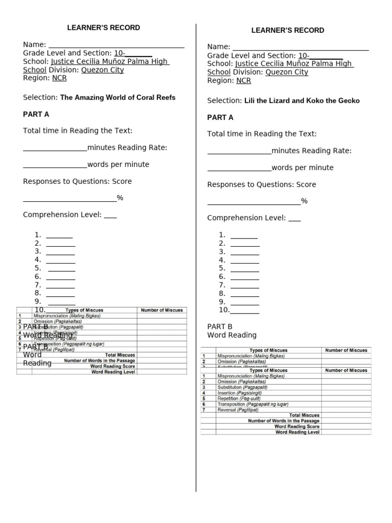 Grade 10 Learner's Record Template | PDF