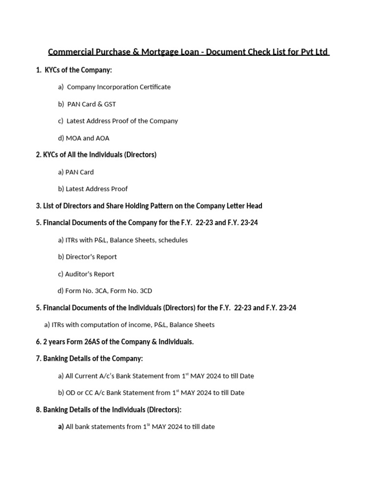 Document Checklist for Loan Processing | PDF