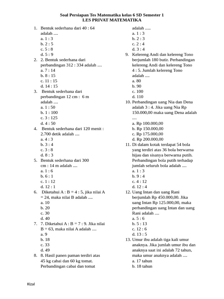 Soal Matematika Kelas 6 SD Semester 1 | PDF