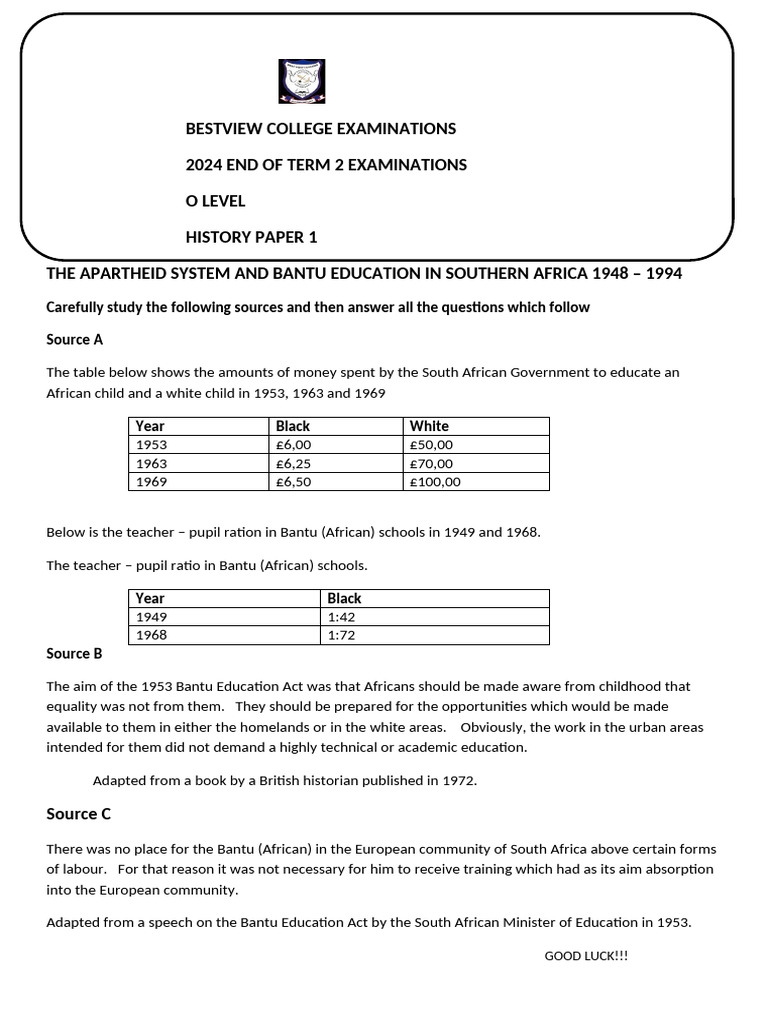 O Level History: Apartheid Education Exam | PDF | Zimbabwe | Africa
