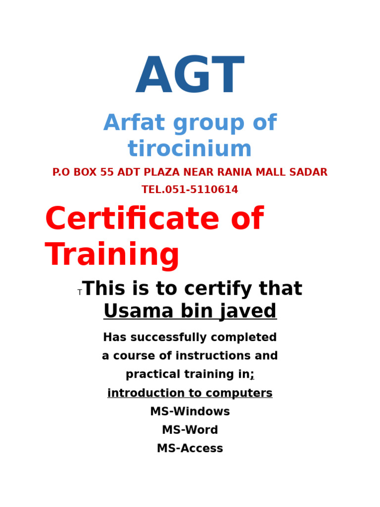 Computer Training Certificate for Usama | PDF