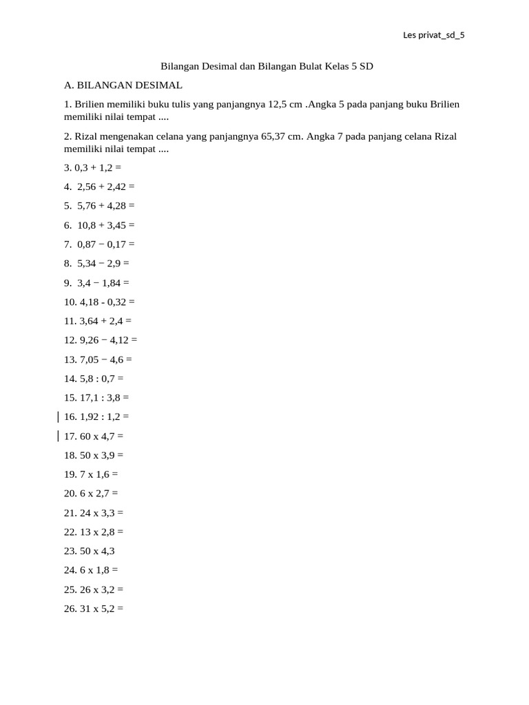 Materi Bilangan Desimal Kelas 5 SD | PDF