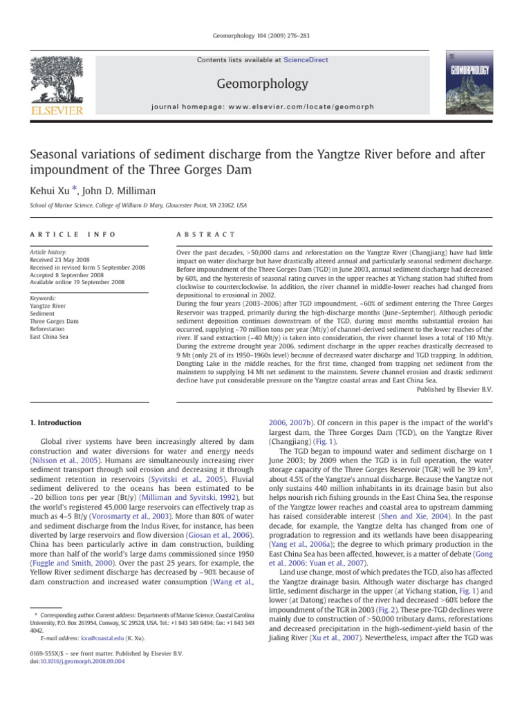 Seasonal Variations of Sediment Discharge From The Yangtze River Before ...