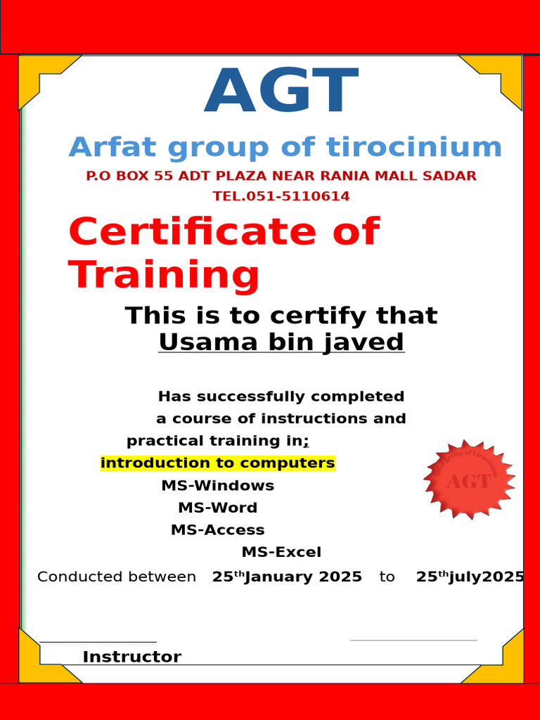 Computer Training Certificate for Usama | PDF