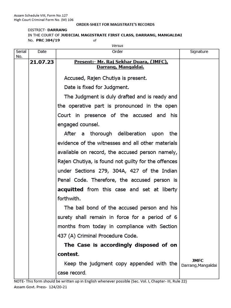 Darrang Court Acquittal Order PRC 384/19 | PDF