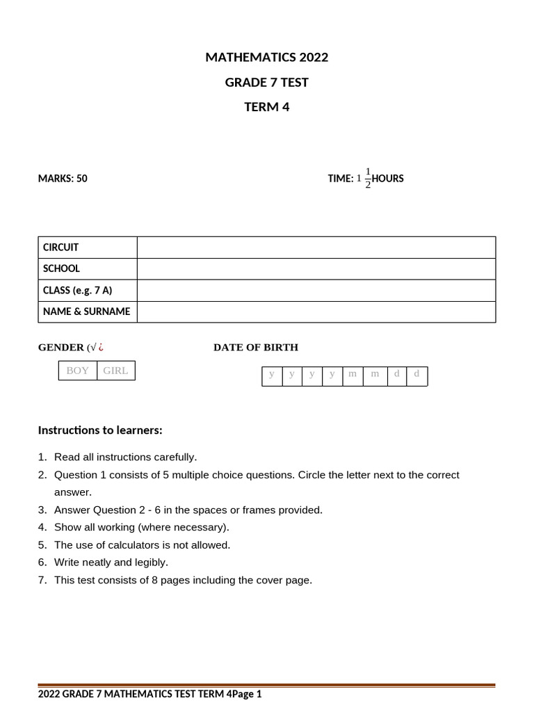 Grade 7 Term 4 Math Exam 2022 | PDF | Euclidean Geometry | Geometry