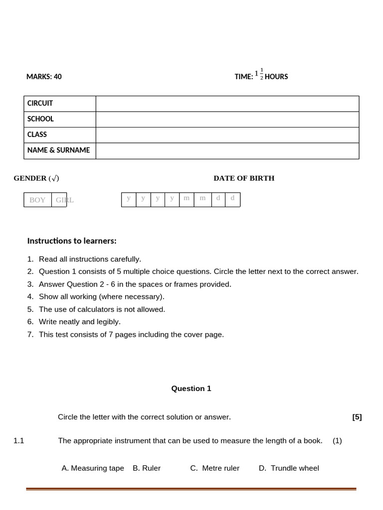 Grade 6 Term 4 Maths Exam Paper | PDF | Length | Tetrahedron