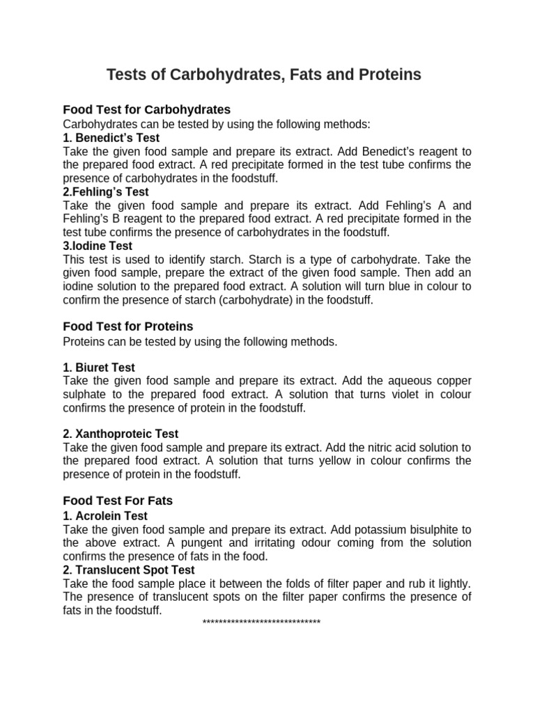 Tests of Carbohydrates Fats and Proteins | PDF