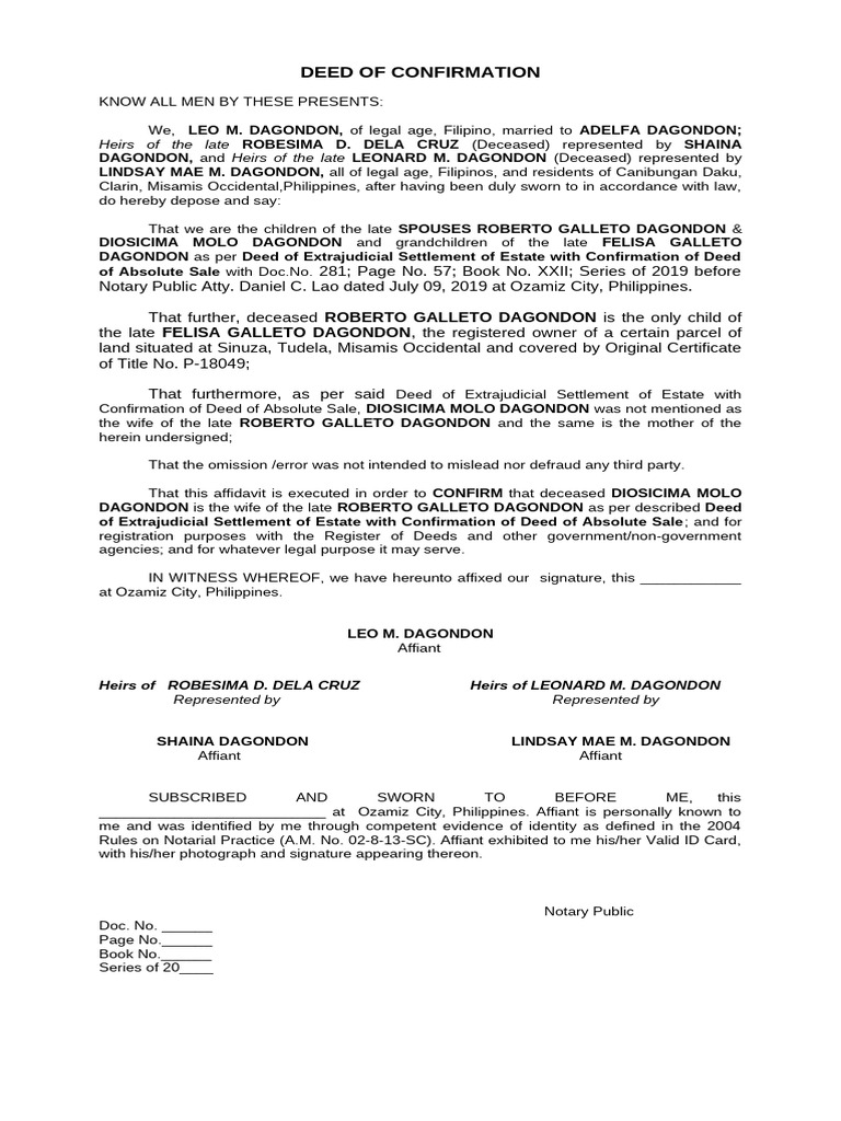 Confirmation of Deed of Estate Settlement | PDF | Affidavit | Legal ...