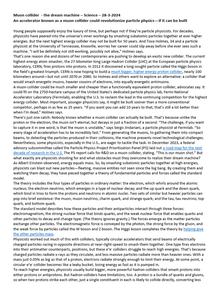 Muon Collider - The Dream Machine - Science - 28-3-2024 | PDF ...