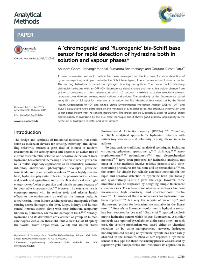 Rapid Hydrazine Detection Sensor | PDF | Absorption Spectroscopy | Amine