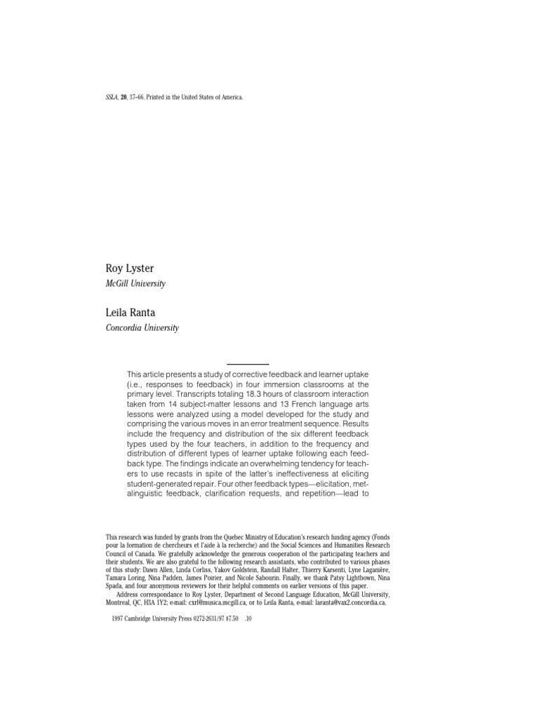 Corrective Feedback in Language Classrooms | PDF | Second Language ...