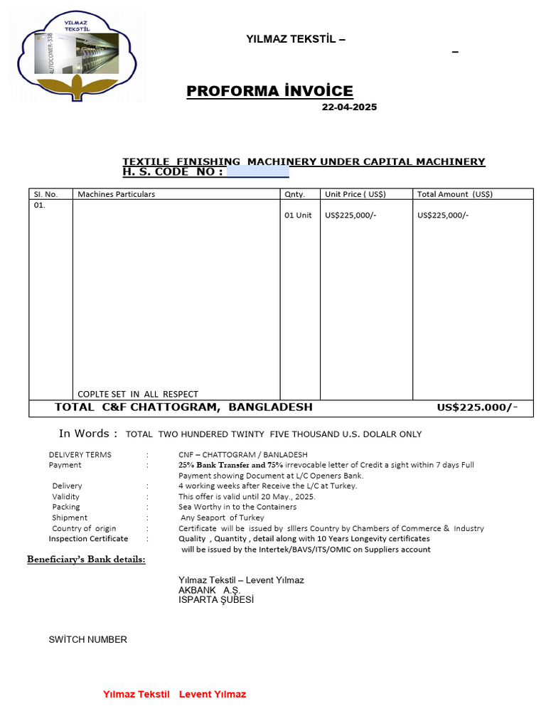 Proforma Invoice for Textile Machinery | PDF