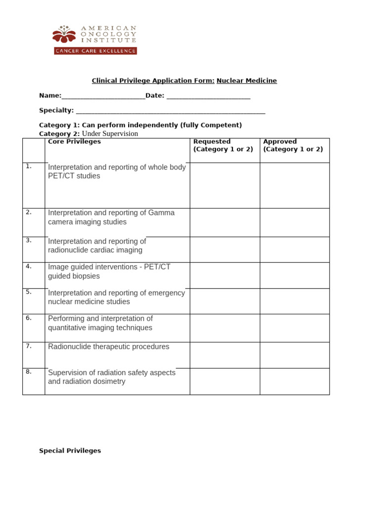 Nuclear Medicine Clinical Privilege Form | PDF