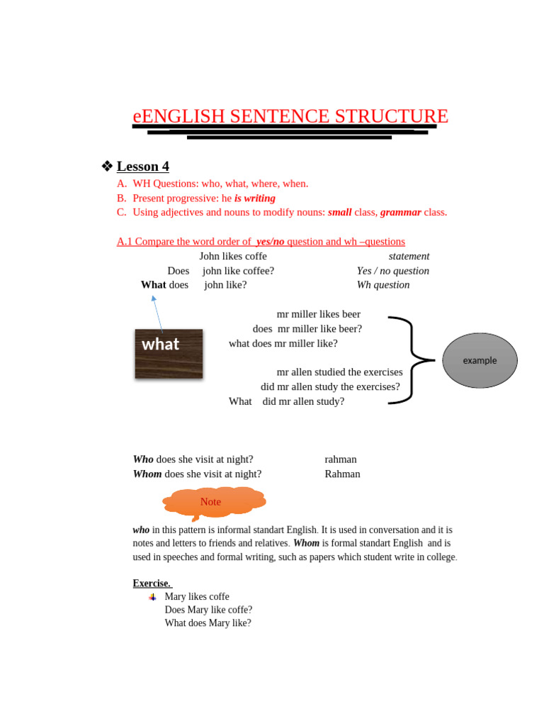 English Sentence Structure: WH Questions | PDF | Plural | Grammatical ...