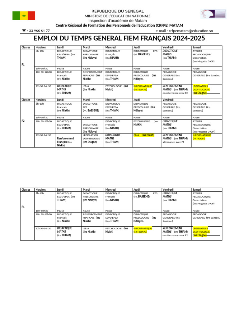 Emploi du Temps FIEM Français 2024-2025 | PDF