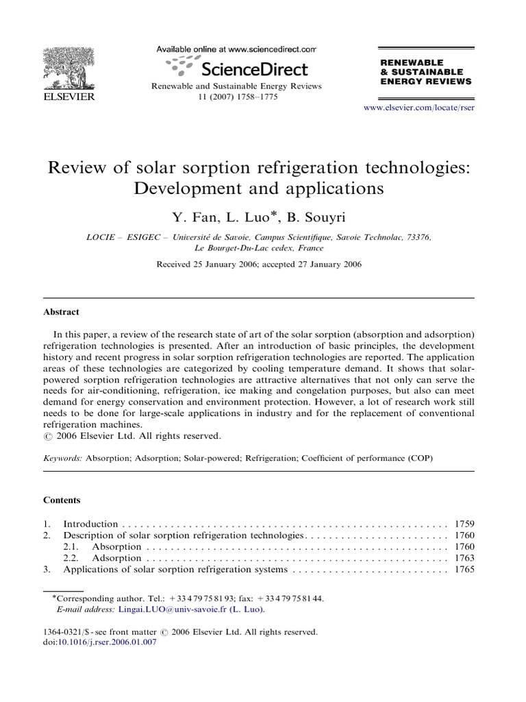 Review of Solar Sorption Refrigeration Technologies | PDF | Adsorption ...