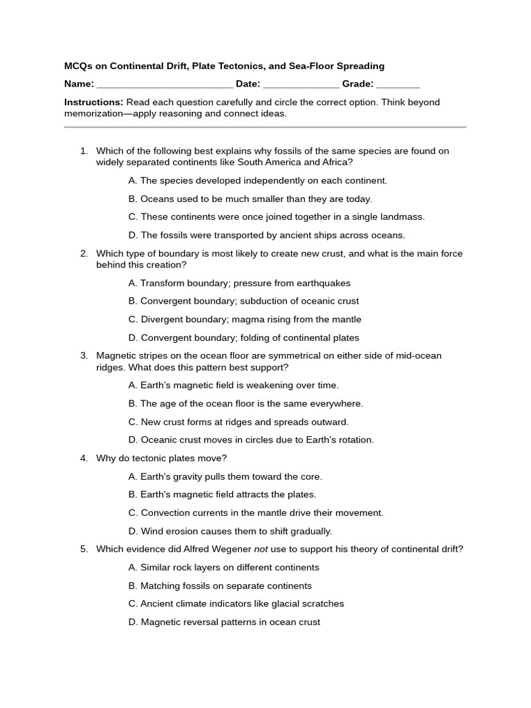 MCQs on Continental Drift Theory | PDF | Plate Tectonics | Earth