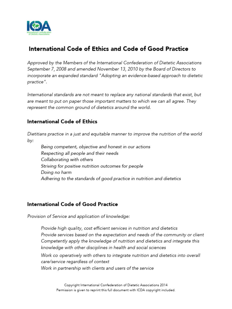 International Code of Ethics in Dietetics | PDF | Dietitian | Evidence ...