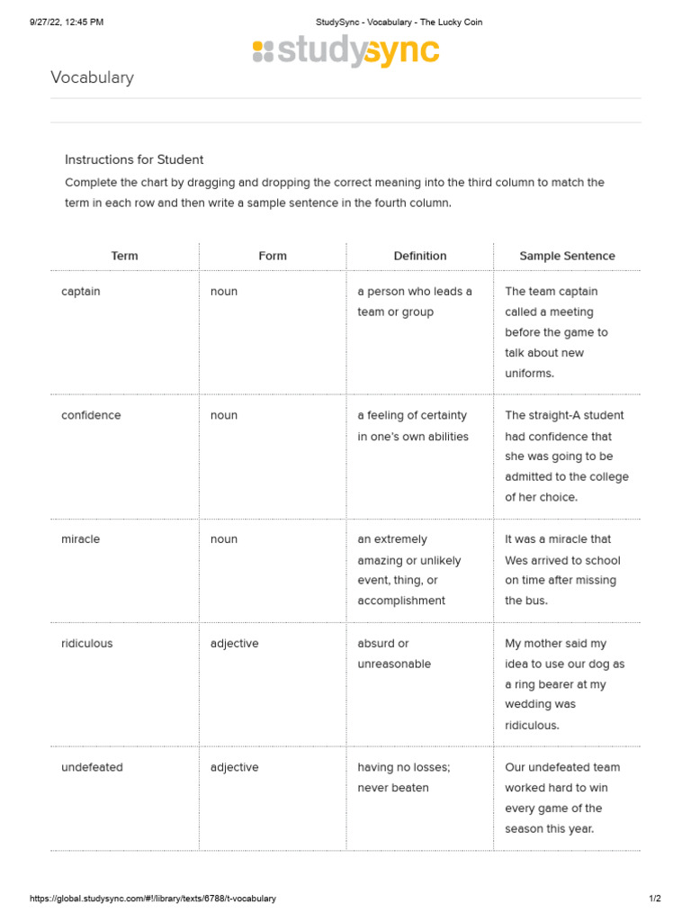 StudySync - Vocabulary - The Lucky Coin Vocabulary Ans | PDF ...