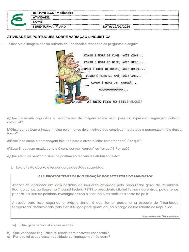 Atividade de Português: Variação Linguística | PDF | Publicidade | Escrita