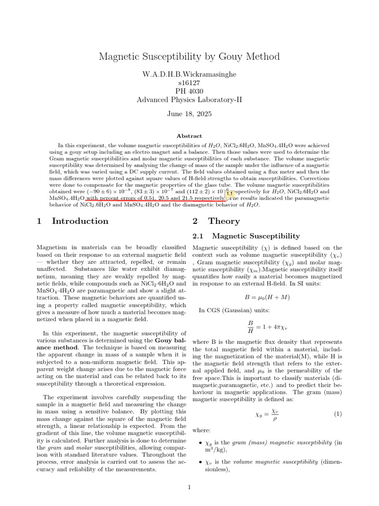 Magnetic Susceptibility via Gouy Method | PDF | Magnetism | Physical ...