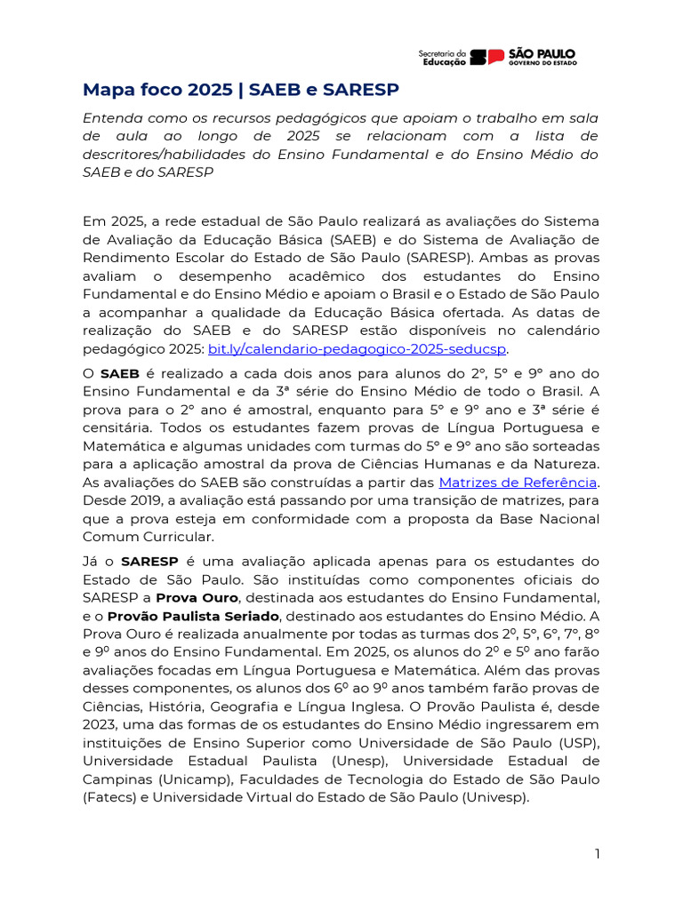 Mapa Foco 2025 - Saeb e Saresp 2025 | PDF | Número racional | Equações