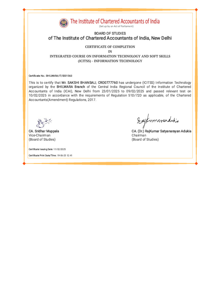 ICITSS Information Technology Completion Certificate | PDF