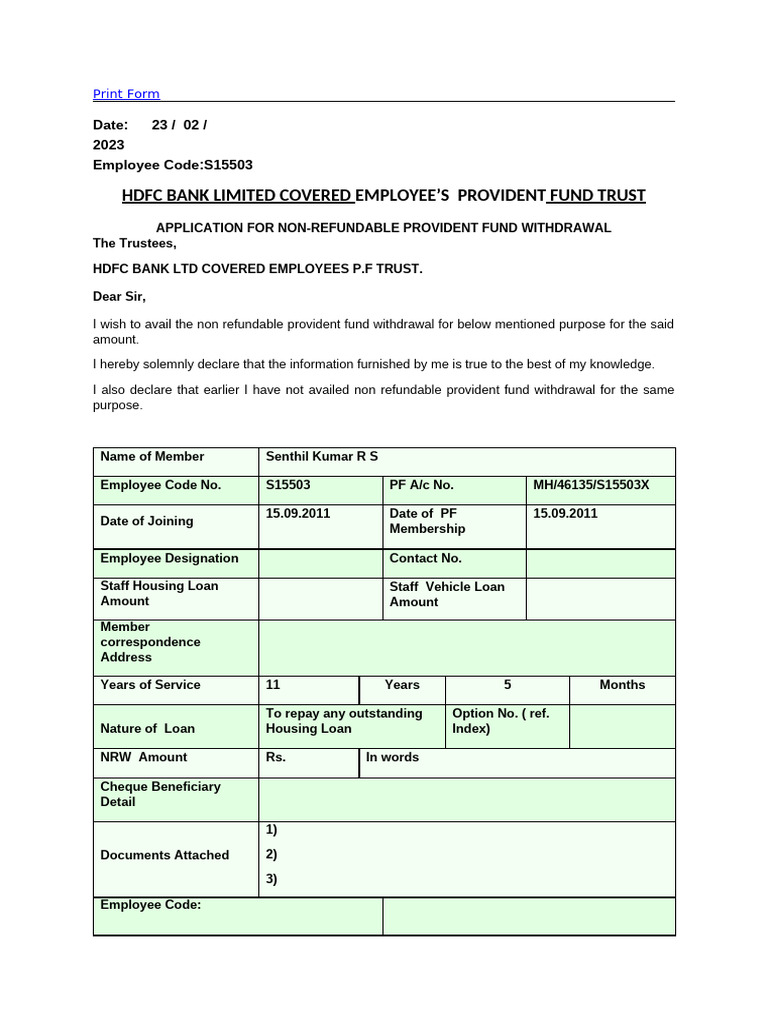 HDFC Non-Refundable PF Withdrawal Form | PDF | Personal Finance ...